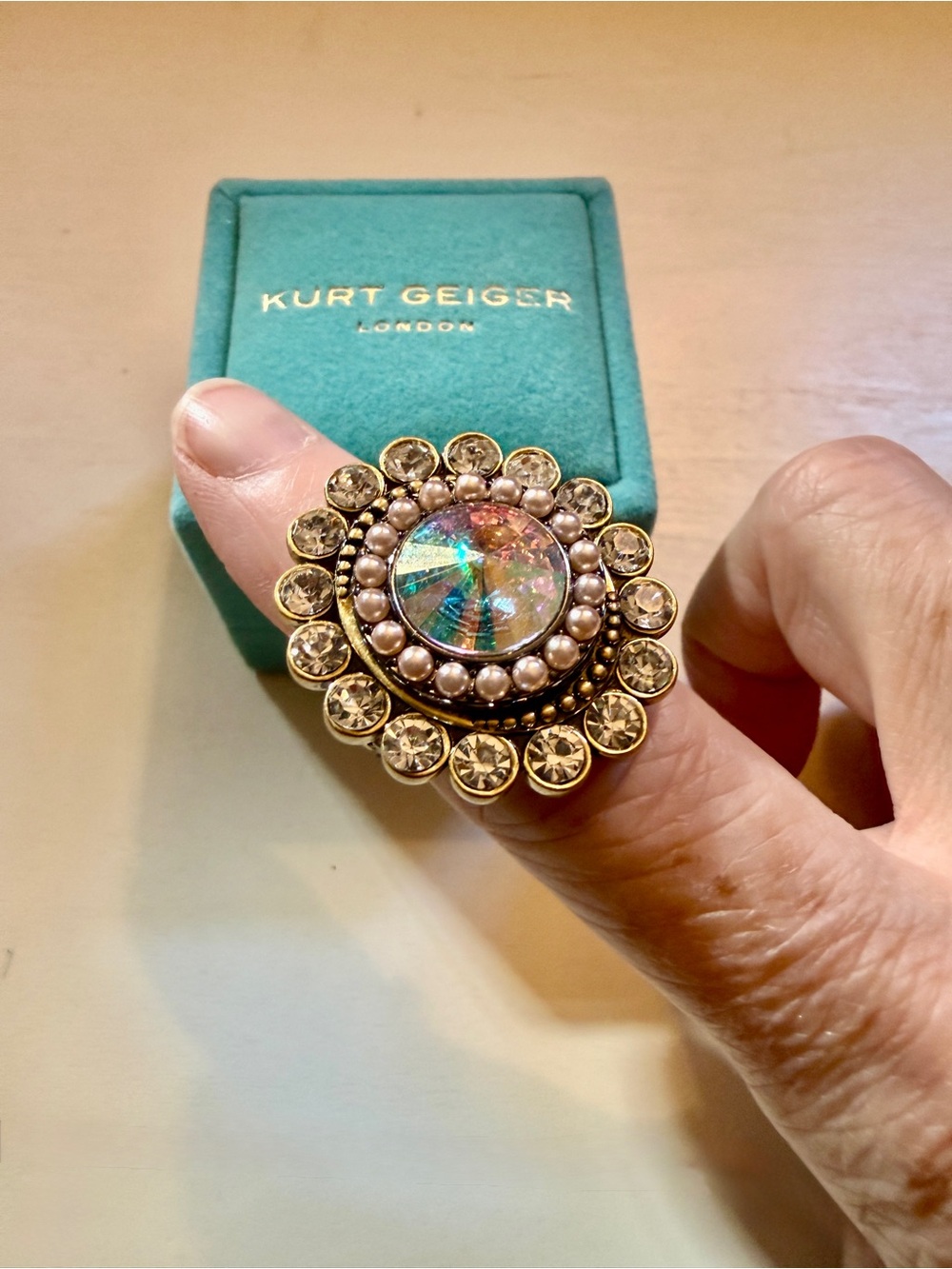 Kurt Geiger Stunning Antique Gold-Tone Halo Ring with Iridescent Center - Picture 9 of 10